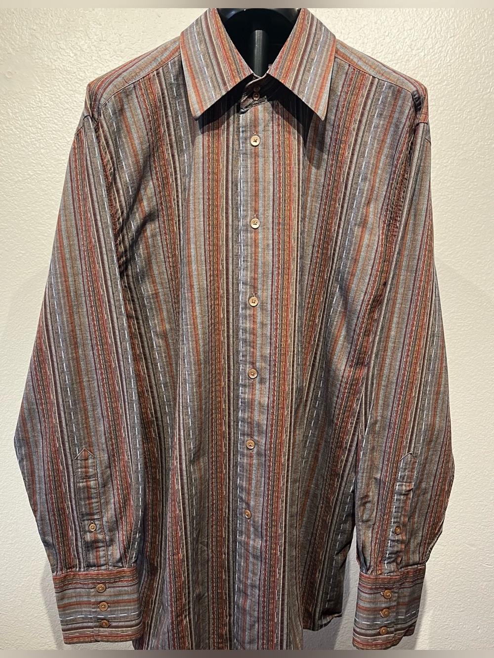 Alfred Sung Striped Dress Shirt in Rust, Gray and Brown - Size L (Men’s)